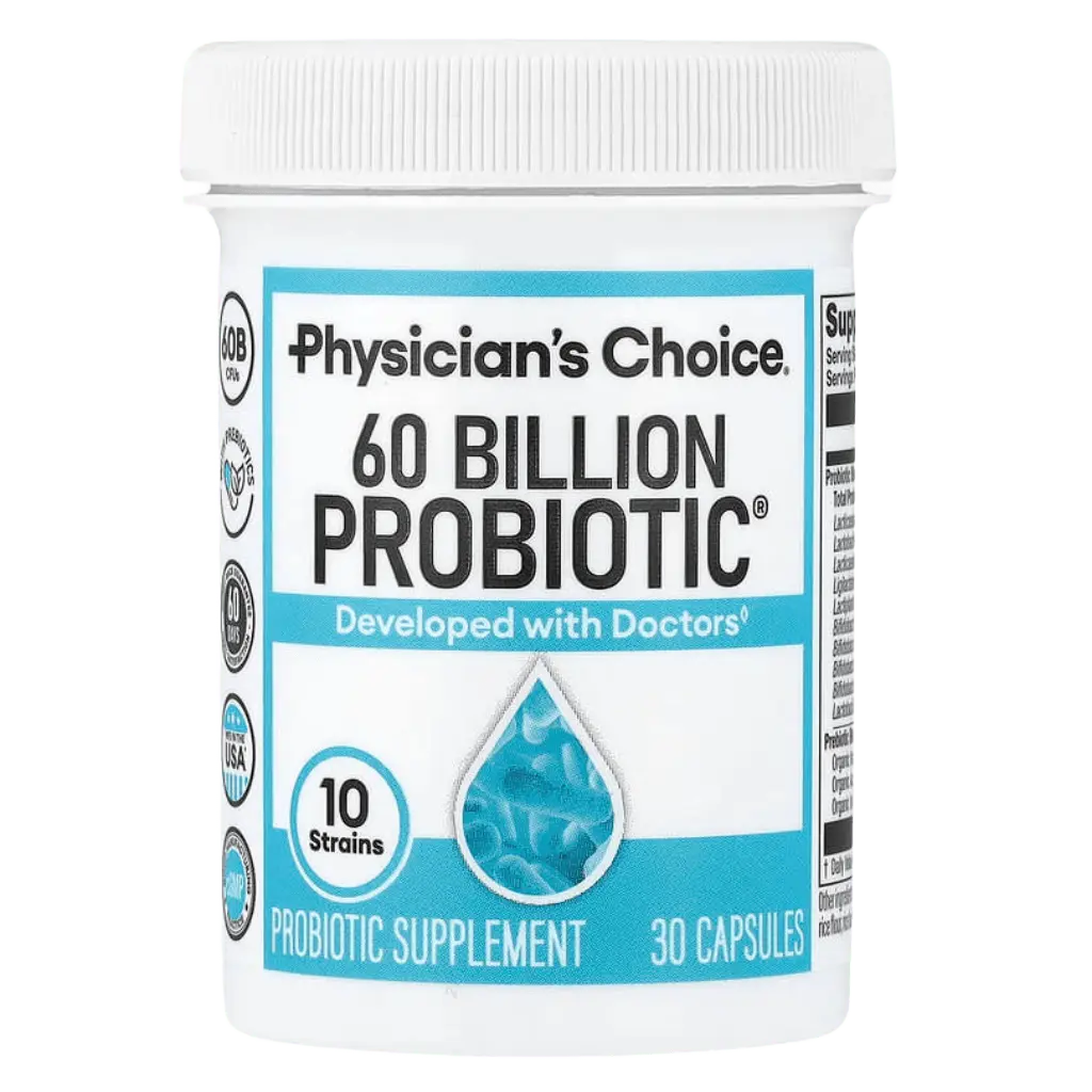 Frasco de suplemento Physician’s Choice 60 Billion Probiotic para salud intestinal y defensas