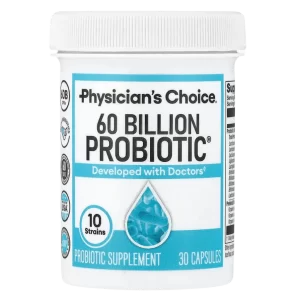 Frasco de suplemento Physician’s Choice 60 Billion Probiotic para salud intestinal y defensas