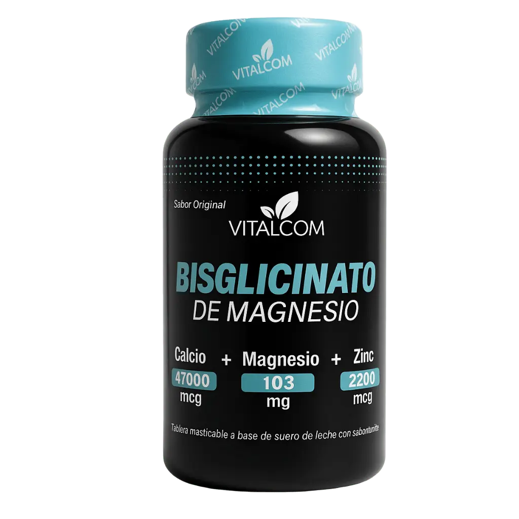 Frasco de suplemento Bisglicinato de Magnesio con calcio, magnesio y zinc para salud integral
