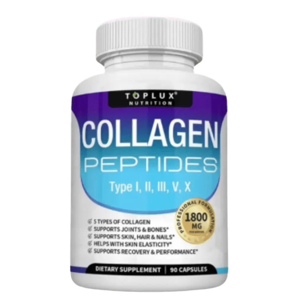Frasco de suplemento Collagen Peptides con tipos I, II, III y IV para belleza y movilidad