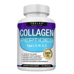 Frasco de suplemento Collagen Peptides con tipos I, II, III y IV para belleza y movilidad