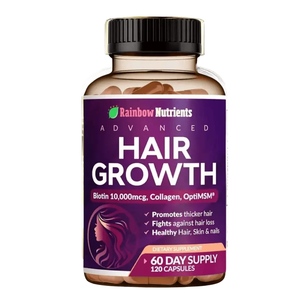 Frasco de suplemento Advanced Hair Growth para estimular crecimiento capilar y fortalecer cabello, uñas y piel