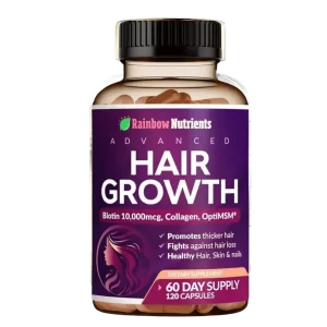Frasco de suplemento Advanced Hair Growth para estimular crecimiento capilar y fortalecer cabello, uñas y piel