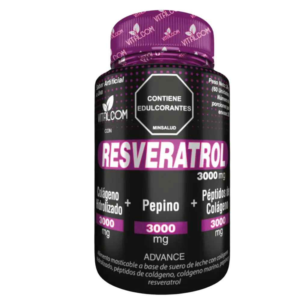 Frasco de suplemento Resveratrol 3000 mg con colágeno hidrolizado y péptidos de colágeno