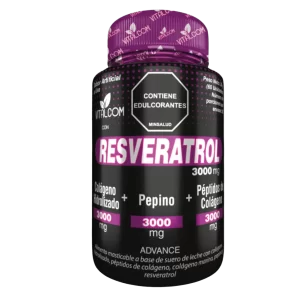 Frasco de suplemento Resveratrol 3000 mg con colágeno hidrolizado y péptidos de colágeno
