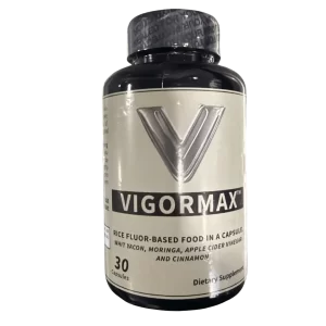 Frasco de suplemento VigorMax para energía, libido y rendimiento masculino