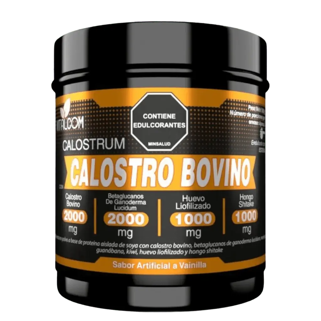 Envase de suplemento Calostrum bovino en polvo con, ganoderma, moringa y kiwi