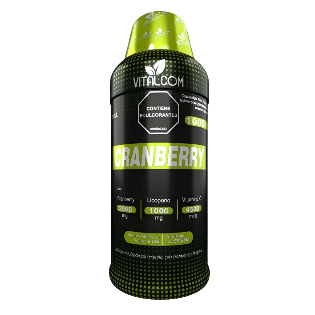 Botella de suplemento Vitalcom Cranberry con vitamina C, licopeno y extracto de arándano rojo