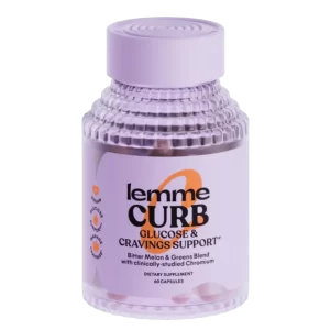 Frasco de cápsulas Lemme Curb con vinagre de manzana, fibra natural y extractos funcionales para controlar antojos y mantener energía estable