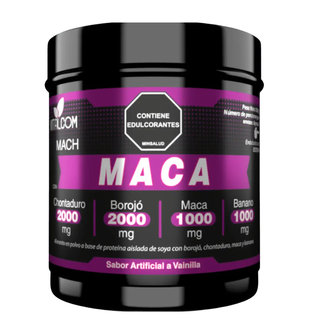 Frasco de suplemento Mach Maca para energía, rendimiento físico y deseo sexual