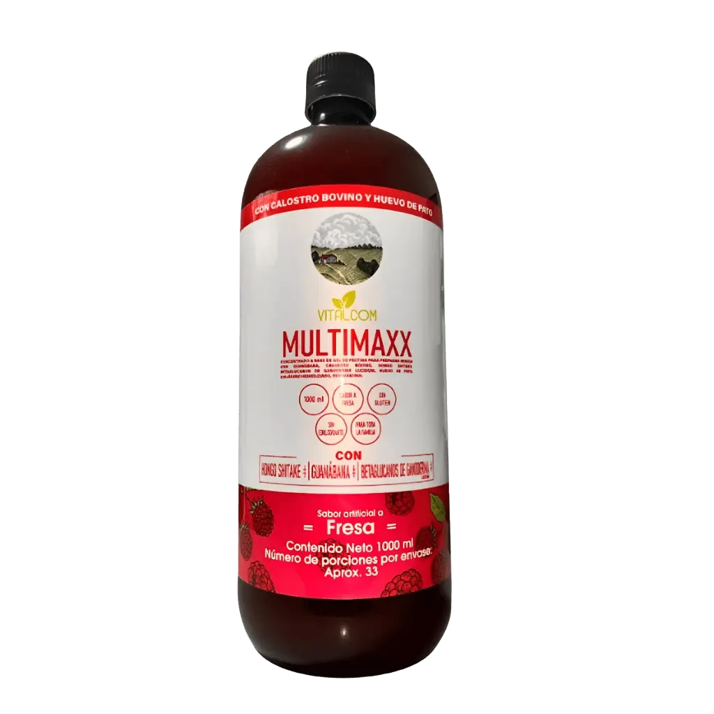 Envase de suplemento líquido MULTIMAXX Fresa con calostro bovino, huevo de pato y extractos naturales