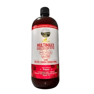 Envase de suplemento líquido MULTIMAXX Fresa con calostro bovino, huevo de pato y extractos naturales