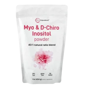 Envase de suplemento Myo & D-Chiro Inositol en polvo 40:1 para equilibrio hormonal y salud femenina