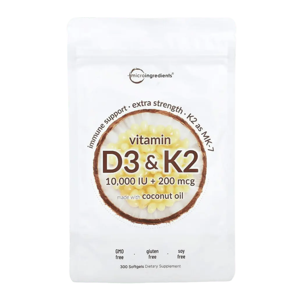 Envase de suplemento Vitamin D3 & K2 Microingredients con 10,000 IU de D3 y 200 mcg de K2 MK-7