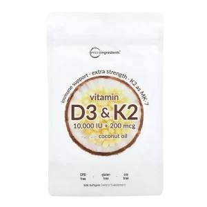 Envase de suplemento Vitamin D3 & K2 Microingredients con 10,000 IU de D3 y 200 mcg de K2 MK-7