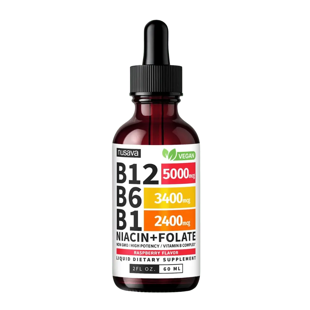 Frasco de suplemento líquido Vitamina B12 Complex Nusava vegano con vitaminas B12, B6, B1, niacina y folato