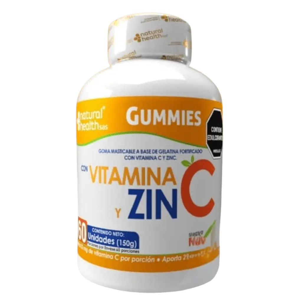 Envase de gomas masticables con Vitamina C y Zinc para fortalecer defensas y salud general