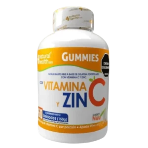Envase de gomas masticables con Vitamina C y Zinc para fortalecer defensas y salud general
