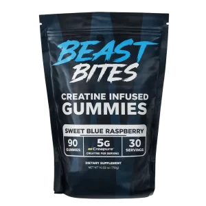 Paquete de gomitas con creatina Beast Bites sabor frambuesa azul para fuerza, rendimiento y recuperación muscular en Colombia