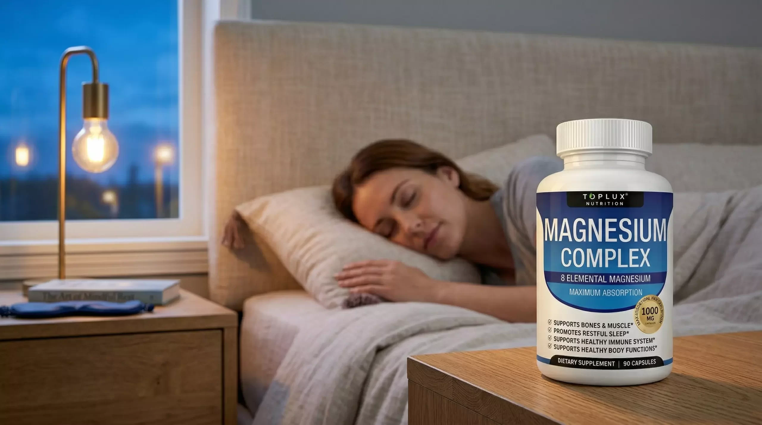 Frasco de Magnesium Complex, el mejor magnesio para dormir, con mujer descansando al fondo.