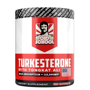 Frasco de suplemento Old School Turkesterone con Tongkat Ali para fuerza, masa muscular y rendimiento físico en Colombia