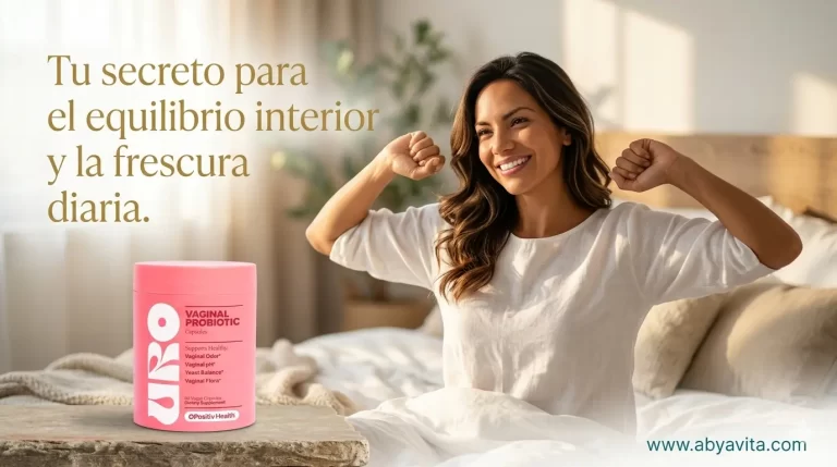 Mujer sonriente despertando con el probiótico vaginal OPositiv URO disponible en Abyavita.
