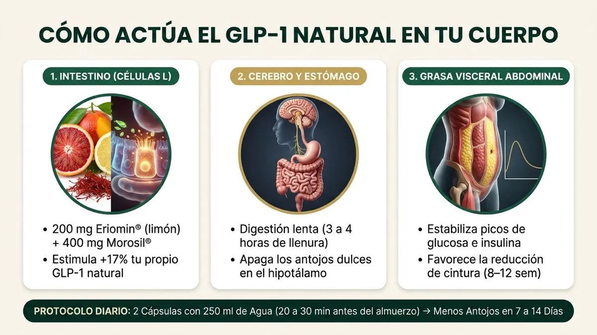 Infografía de cómo actúa el GLP-1 natural en el intestino, cerebro y grasa visceral para controlar el apetito y bajar la grasa abdominal