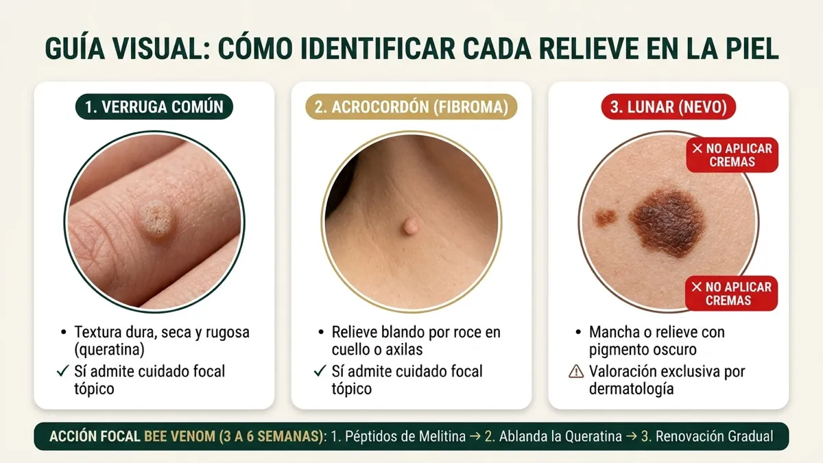 Guía visual realista para diferenciar una verruga común, un acrocordón y un lunar antes de aplicar una crema para quitar verrugas