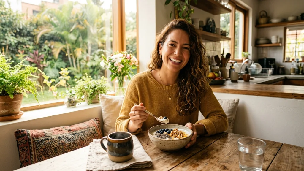 Mujer colombiana desayunando yogurt probiótico con arándanos y nueces
