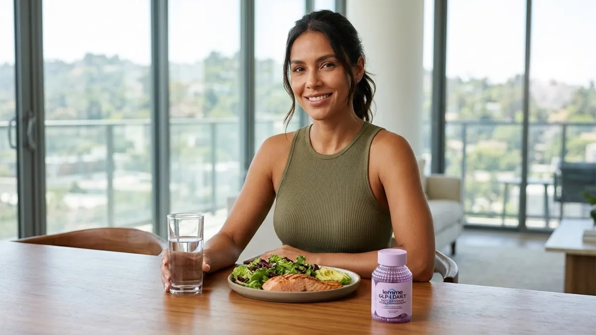 Mujer colombiana antes de almorzar con Lemme GLP-1 Daily de GLP-1 natural para controlar el apetito y bajar la grasa abdominal