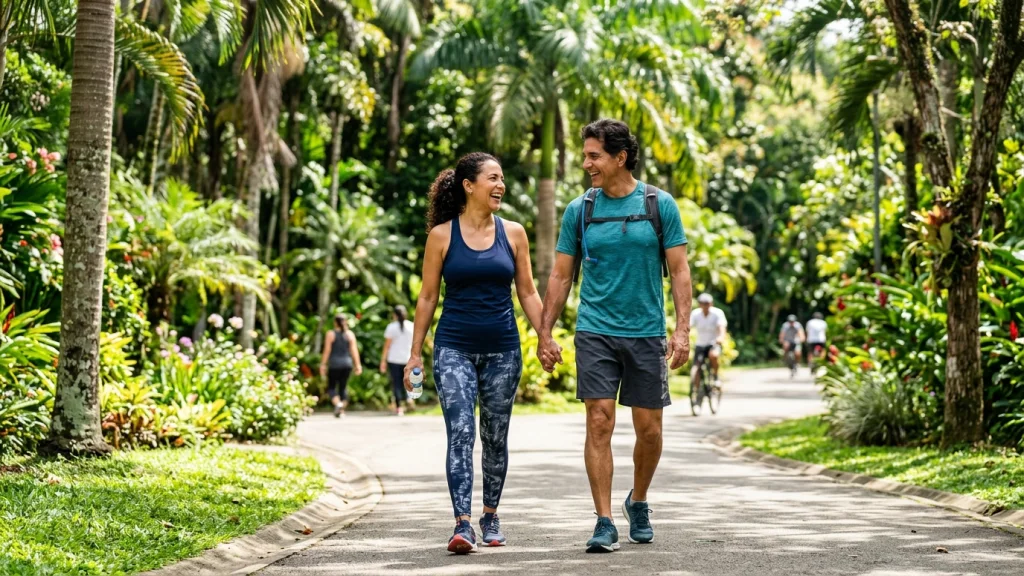 Pareja adulta colombiana caminando con energía y sin dolor en parque soleado con palmeras