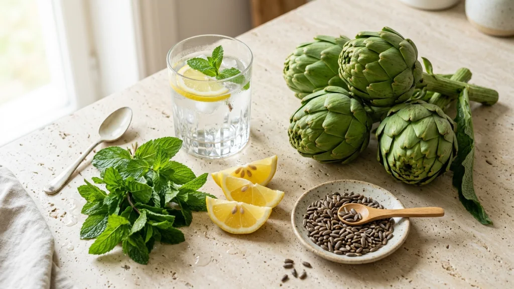 Alcachofas frescas, limones, menta y agua pura en mesa de piedra para la limpieza hepática