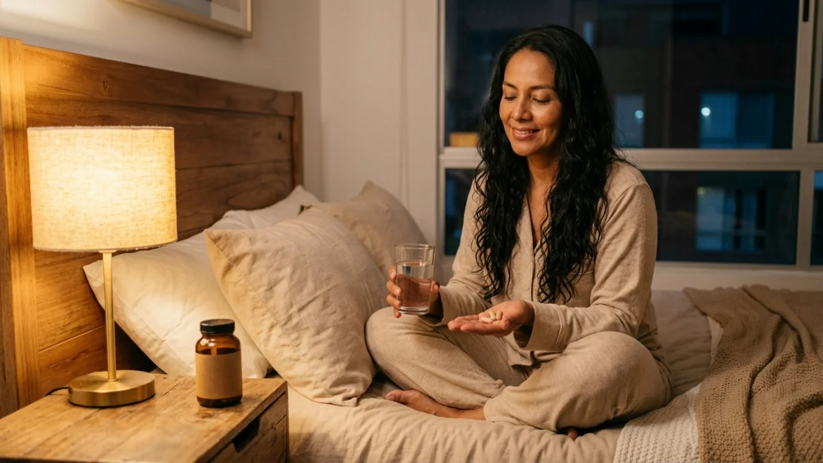 Mujer colombiana tomando magnesio para dormir antes de acostarse en su habitación