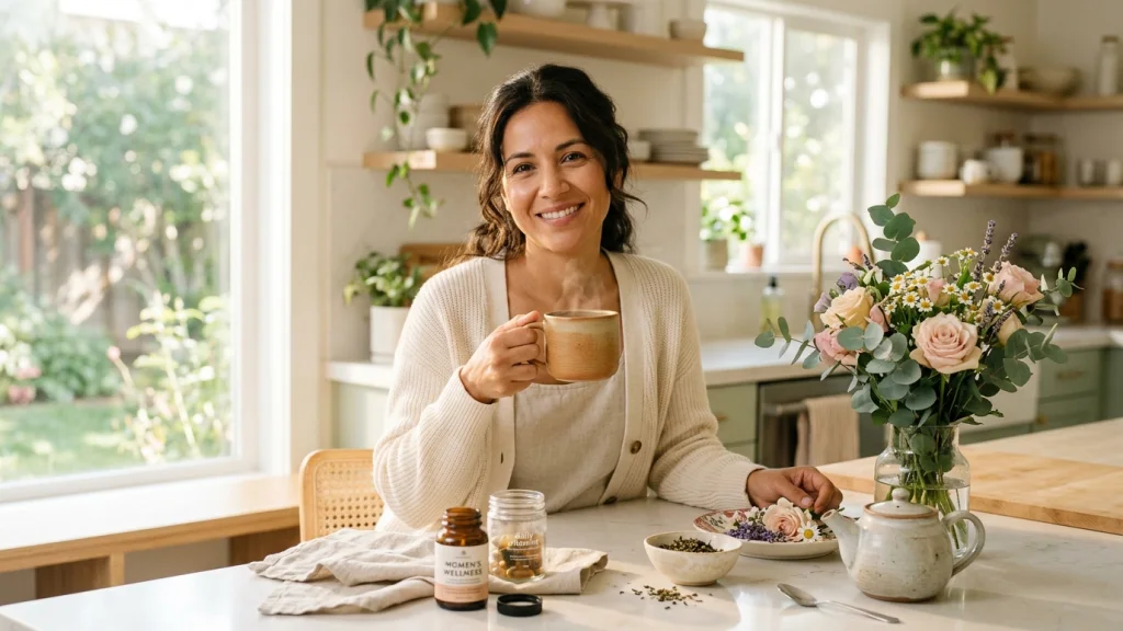 Mujer disfrutando de un desayuno saludable y equilibrio hormonal con inositol