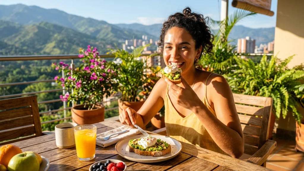 Mujer colombiana sonriente disfrutando de un desayuno saludable al sol en terraza con vista a las montañas