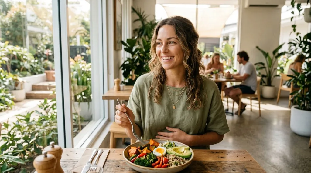 Mujer disfrutando comida sin inflamación ni pesadez estomacal gracias al calostro bovino