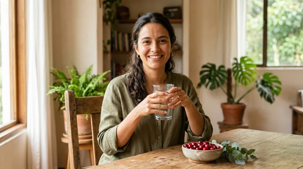 Mujer colombiana tomando agua y cranberry concentrado para prevenir infecciones urinarias recurrentes