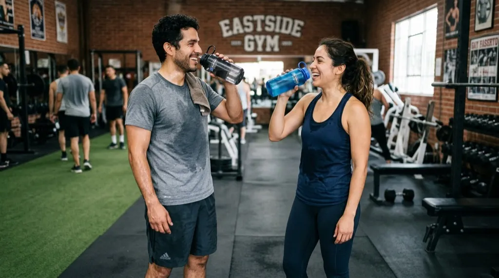 Hombre y mujer latinos reales, estilo de vida normal en el gimnasio tomando creatina pura