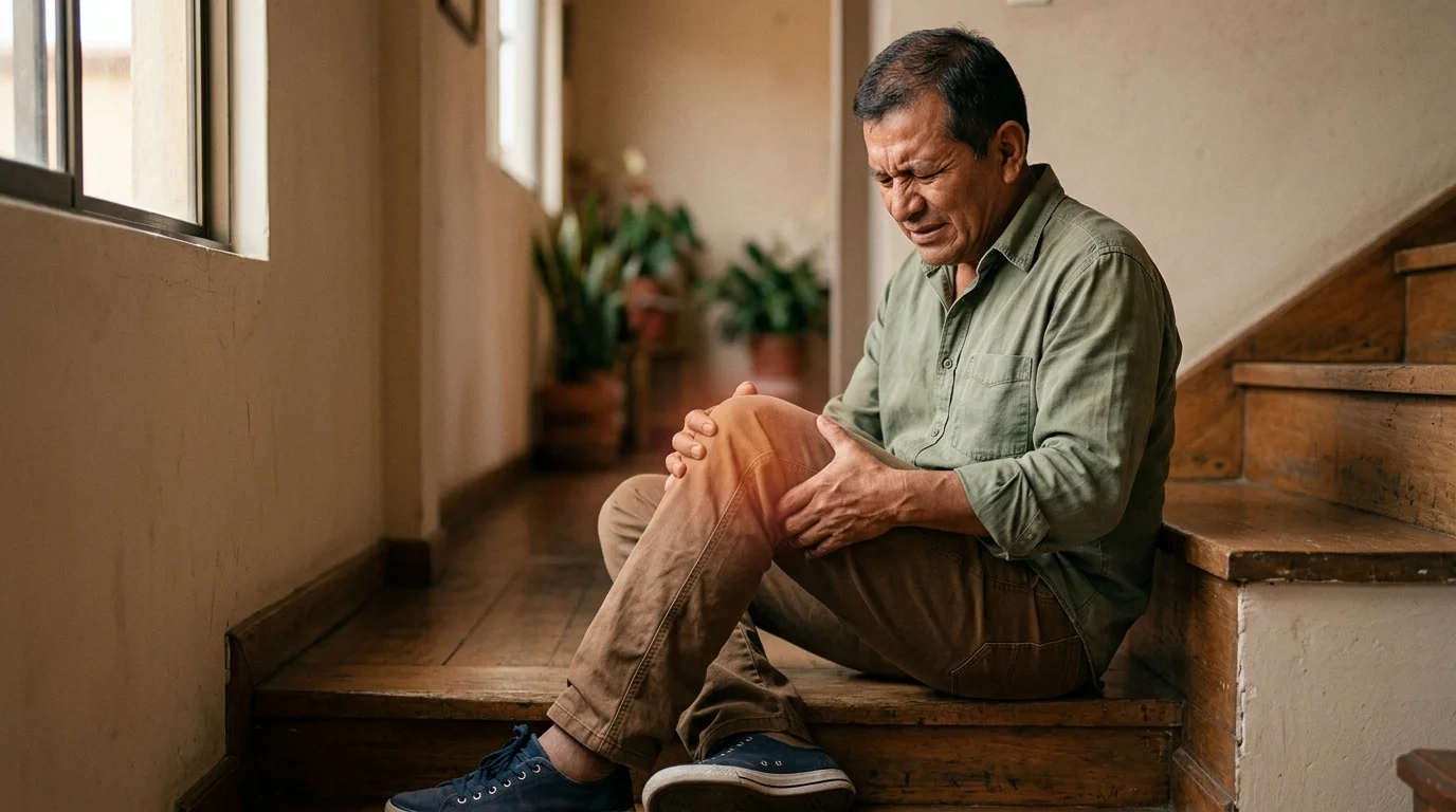Hombre adulto mayor con dolor en los huesos y desgaste de rodilla tocándose la articulación inflamada