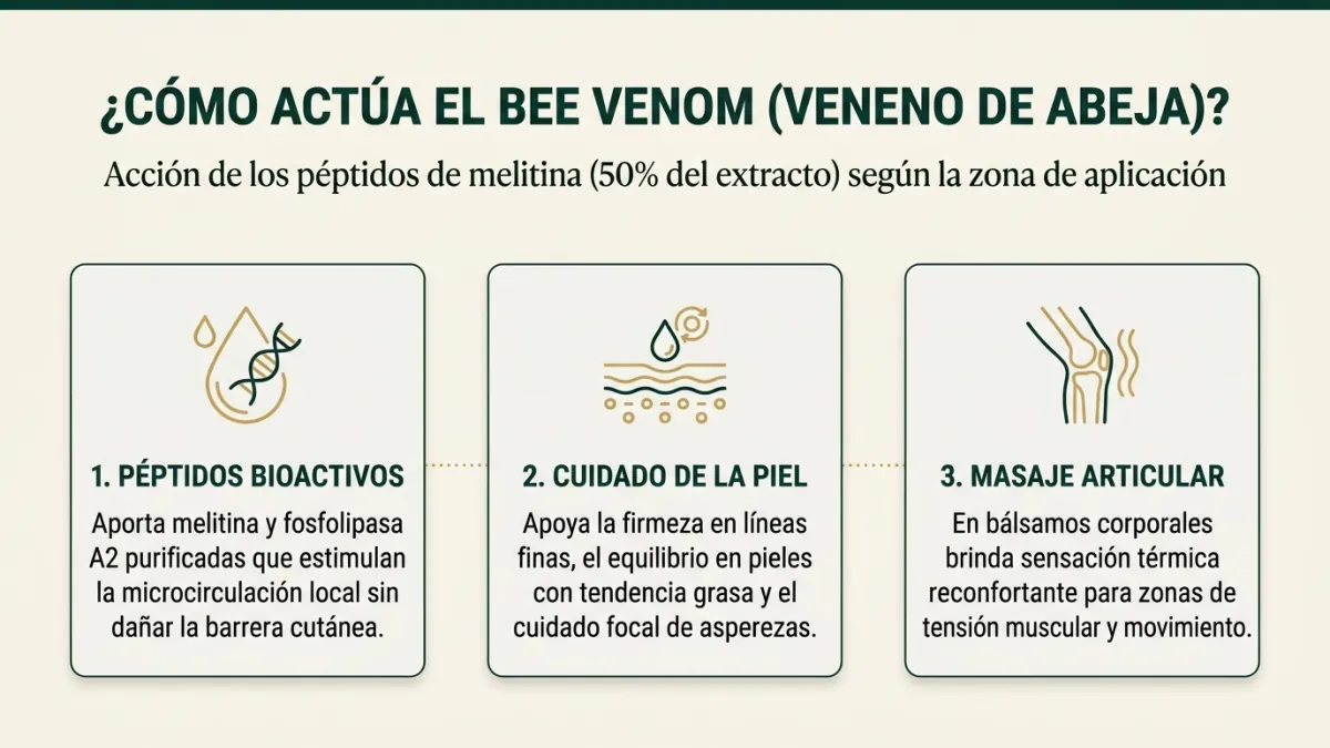 Diagrama de cómo actúa el Bee Venom (veneno de abeja) en la piel y en el masaje articular