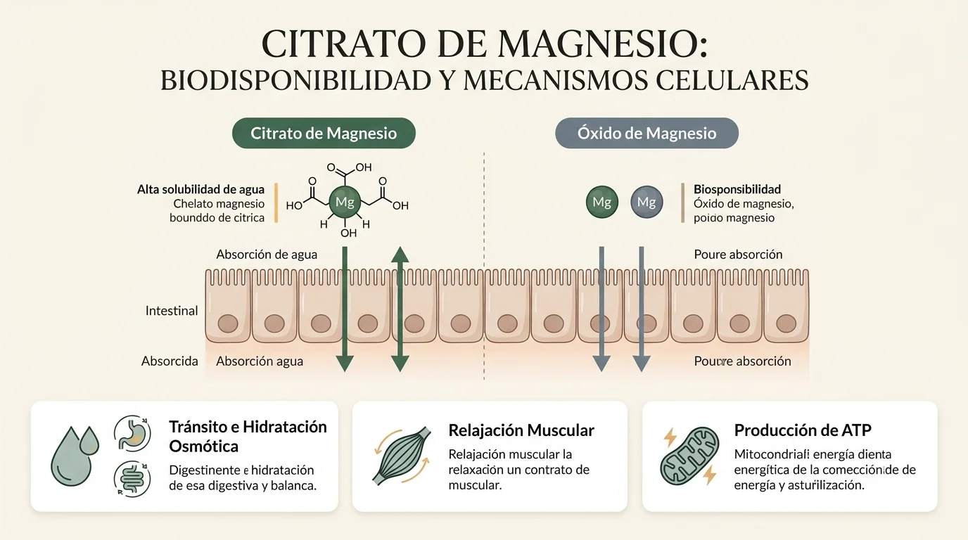 Infografía médica sobre citrato de magnesio para que sirve: absorción celular, digestión y relajación muscular