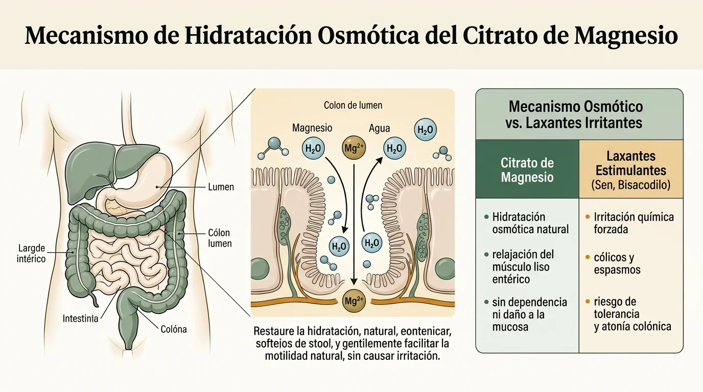 Citrato de magnesio para el estreñimiento: infografía del mecanismo osmótico e hidratación del colon