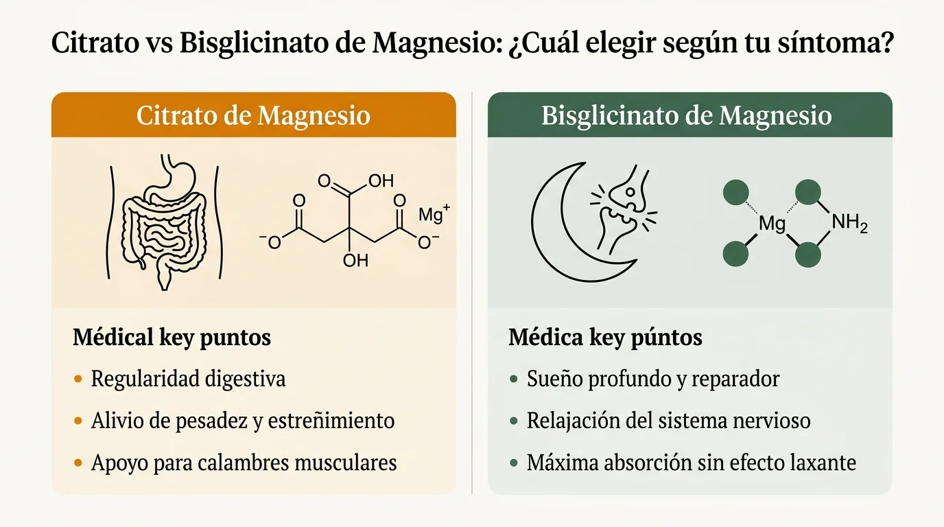 Citrato vs bisglicinato de magnesio: infografía comparativa de órganos diana, absorción y síntomas