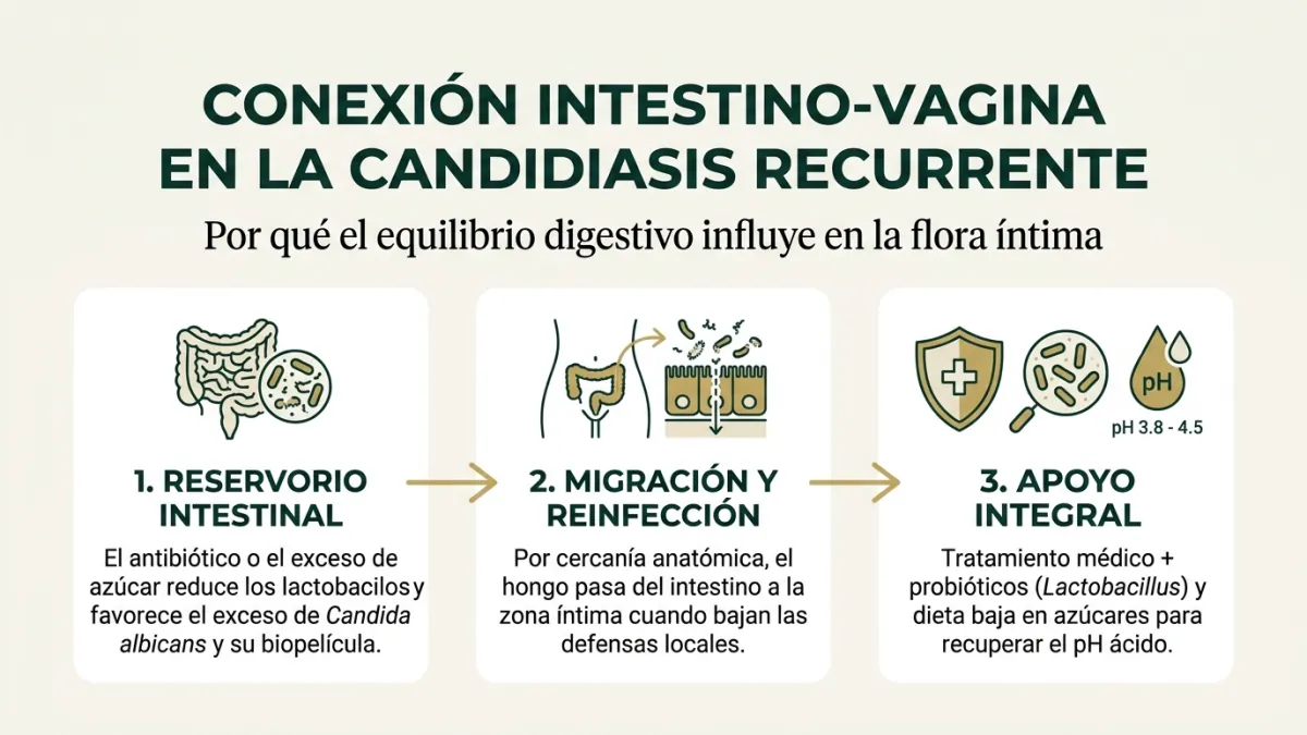 Diagrama de la conexión intestino-vagina en la candidiasis intestinal y vaginal recurrente