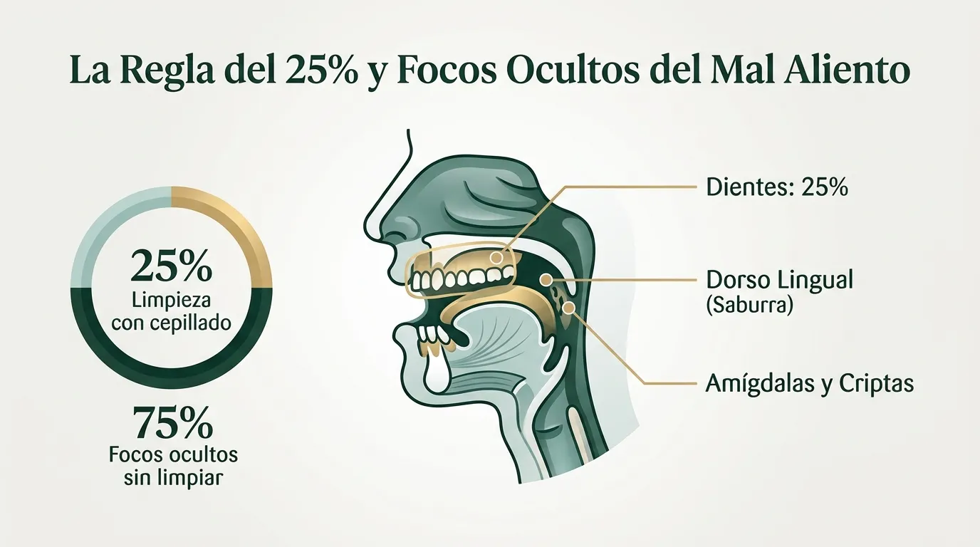 Focos ocultos del mal aliento: la regla del 25 por ciento Infografía médica de la regla del 25 por ciento: por qué el cepillo solo limpia los dientes y deja el 75 por ciento en lengua y amígdalas