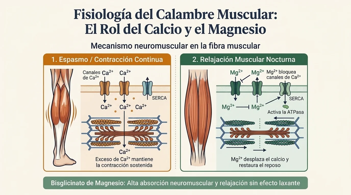 Infografía médica del balance de calcio y magnesio en la relajación muscular y prevención de calambres en las piernas de noche