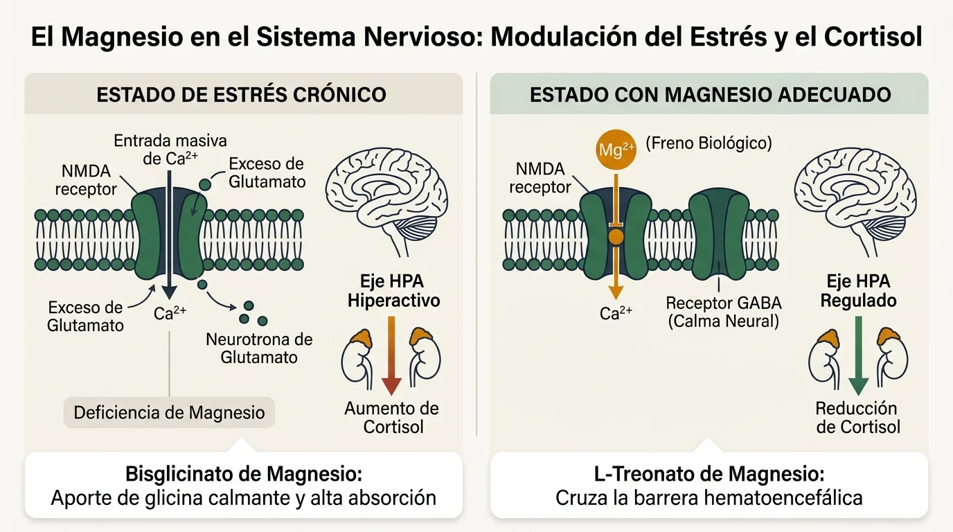 Infografía médica del magnesio como freno biológico del receptor NMDA, activación de GABA y control del cortisol