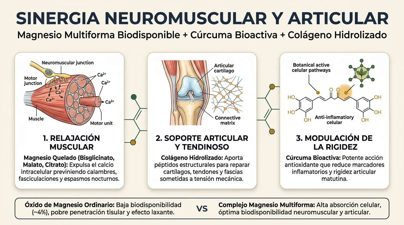 Infografía médica de la sinergia entre magnesio multiforma, cúrcuma y colágeno para aliviar calambres musculares y rigidez articular