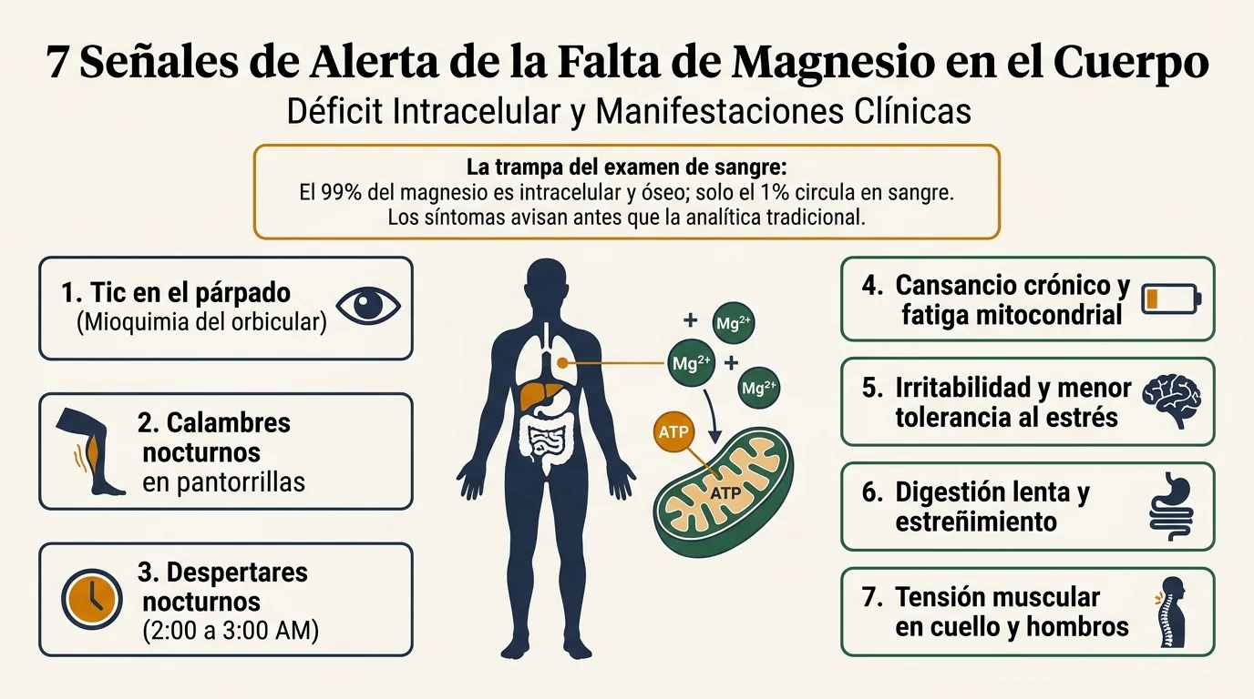 Infografía médica de los 7 síntomas de falta de magnesio en el cuerpo y el diagnóstico de déficit celular