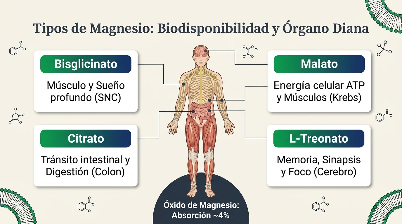 Tipos de magnesio: infografía comparativa de biodisponibilidad, mecanismos de absorción y órganos diana en el cuerpo